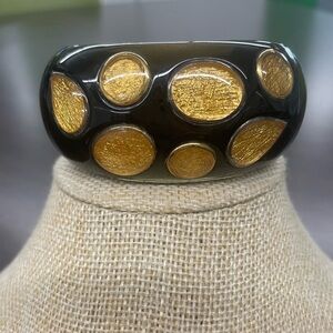 NWOT Neiman Marcus Black Resin Cuff Bracelet With Shiny Gold Accents